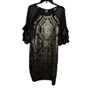 Venus Black & Metallic Sequin Velvet Dress with Sheer Sleeves NWT